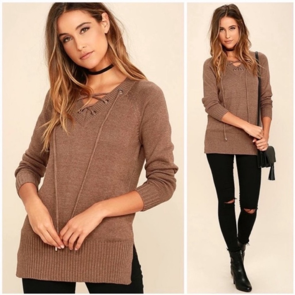 Lulus Chic Cred Brown Lace-Up Sweater medium NWT